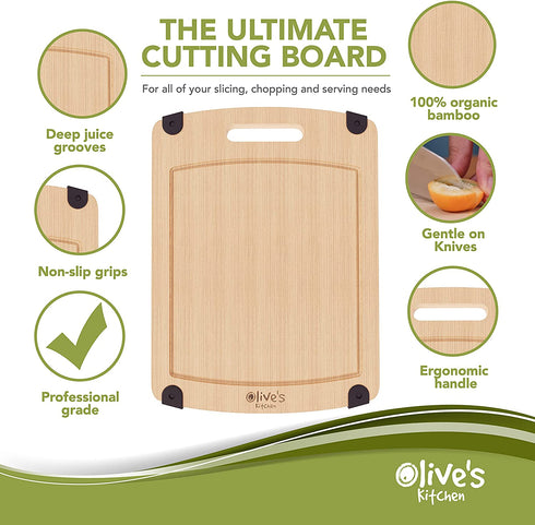 Olive's Kitchen Organic Bamboo Cutting Board Set (2 Pack) - Reversible Bamboo Cheese Board Medium & X-Large Bamboo Cutting Boards for Kitchen Non-Slip Cutting Board Bamboo Charcuterie Board