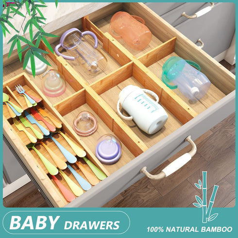 Bamboo Drawer Dividers with 8 Inserts, 16.5-22", Kitchen Drawer Organizer Box for Silverware Utensil, Expandable & Adjustable Drawer Dividers for Home, Office, Dressers, and Bathroom