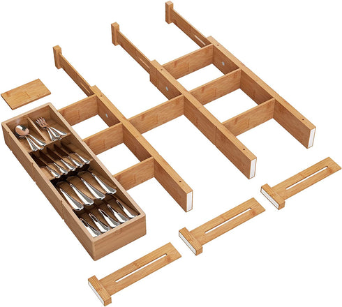Bamboo Drawer Dividers with 8 Inserts, 16.5-22", Kitchen Drawer Organizer Box for Silverware Utensil, Expandable & Adjustable Drawer Dividers for Home, Office, Dressers, and Bathroom