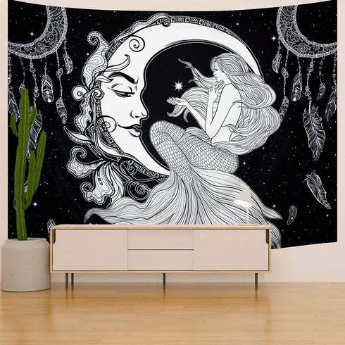 Maccyafst Moon Mermaid Tapestry Psychedelic Black and White Tapestry Bohemian Dreamcatcher Wall Tapestry Starry Night Galaxy Stars Tapestry for Bedroom Dorm Decor