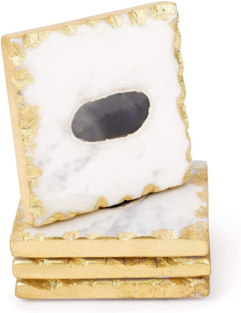 Bezrat Marble Coasters for Drinks - Set of 4 - Square - Modern Gold Edge Agate Stone Coaster - Tabletop Protection - Mothers Day Housewarming Gift
