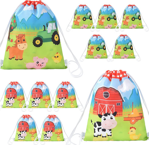 Farm String Bags - 12 Pack 10'' x 12'' Farm Animal Party Favor Gifts Bag for Kids Children Drawstring Pouches Wrap Goodie Bags Party Supplies for Birthday Christmas Travel Gym Beach
