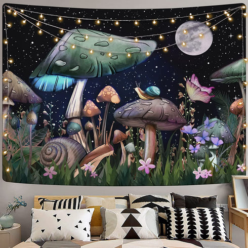 Lifeel Trippy Mushroom Tapestry, Moon and Stars Tapestrs with Snail Flowers and Plants Tapestry Wall Hanging for Room 36—48 inches
