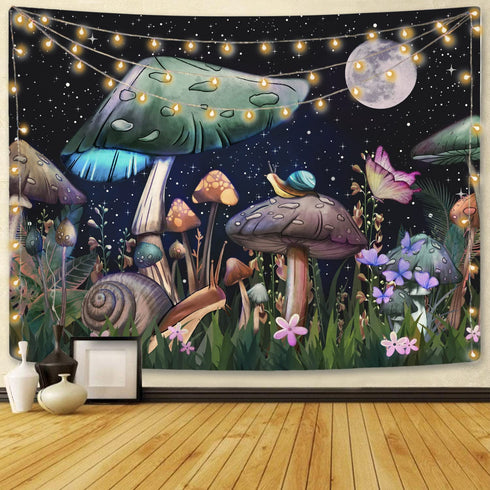 Lifeel Trippy Mushroom Tapestry, Moon and Stars Tapestrs with Snail Flowers and Plants Tapestry Wall Hanging for Room 36—48 inches