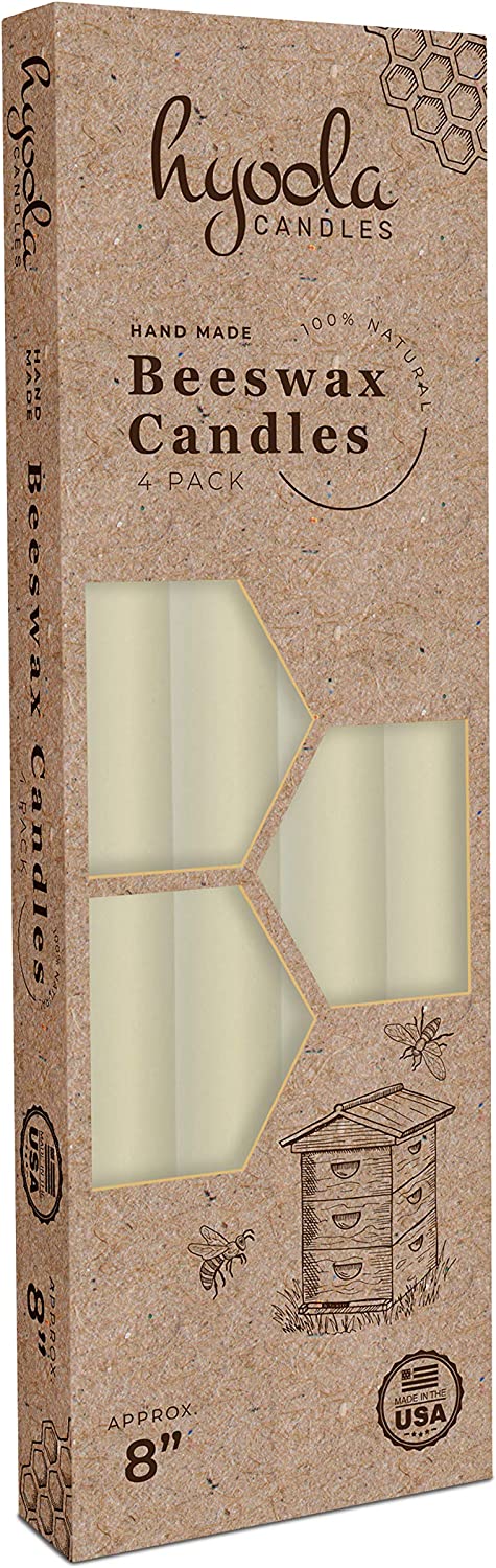 Hyoola 8" Beeswax Taper Candles - 8 Hour Burn Time - White Beeswax Candles - 4 Pack