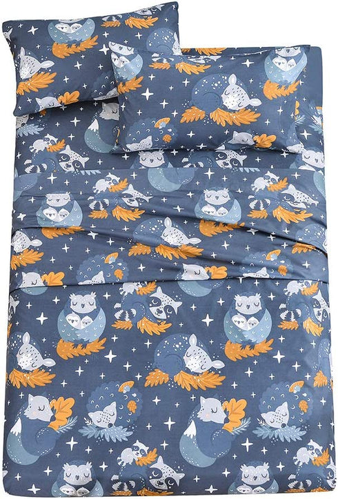 JSD Navy Blue Kids Owl Printed Sheet Set Twin for Boys Girls, Soft Microfiber Fitted Sheet Flat Sheet Pillowcases 3 Pieces