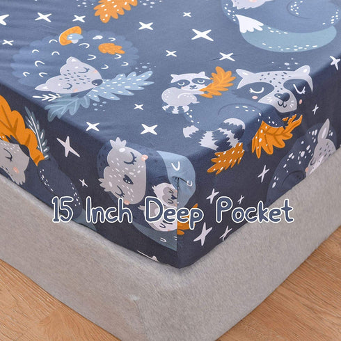 JSD Navy Blue Kids Owl Printed Sheet Set Twin for Boys Girls, Soft Microfiber Fitted Sheet Flat Sheet Pillowcases 3 Pieces