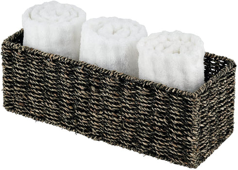 mDesign Natural Woven Seagrass Bathroom Toliet Roll Holder Storage Organizer Basket Bin; Use on Bathroom Countertop, Toilet Tank Top - Holds 3 Rolls of Toilet Paper - Black Wash