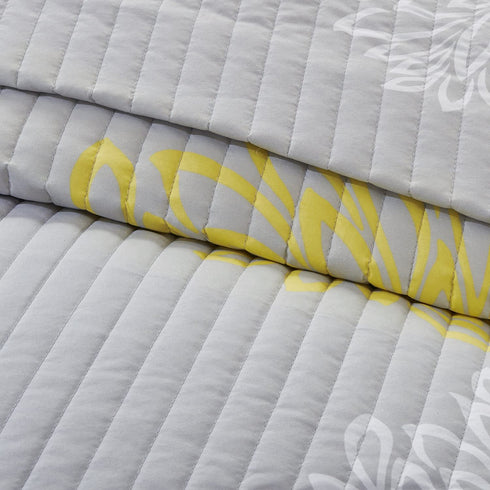 Comfort Spaces Enya 3 Piece Quilt Coverlet Bedspread Ultra Soft Floral Printed Pattern Bedding Set, King, Yellow-Grey,CS14-0062