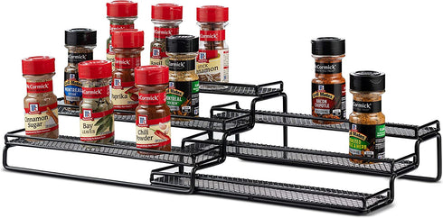 3 Tier Expandable Spice Rack Organizer for Cabinet, Black Modern Pantry Kitchen Countertop Stand 3 Step Shelf - Expands 12 to 24 Inches