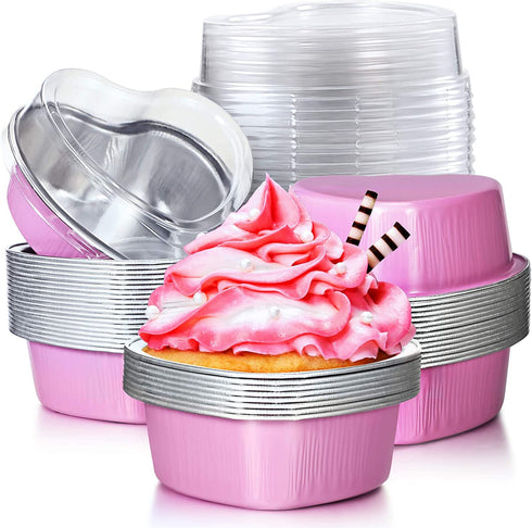 Aluminum Foil Cake Pan Heart Shaped Cupcake Cup with Lids 100 ml/ 3.4 Ounces Disposable Mini Cupcake Cup Flan Baking Cups for Valentine Mother's Day Wedding Xmas Birthday (Pink,20 Sets)