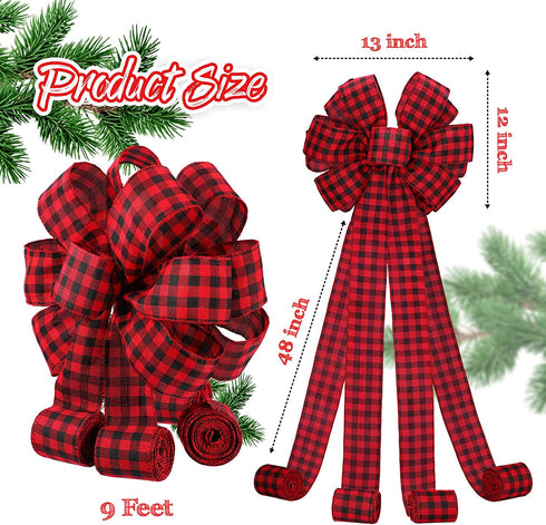 Buffalo Plaid Bow Christmas Buffalo Plaid Wreath Bow Tree Bow Xmas Tree Topper Hat with Card Christmas Tree Top Ornaments for Christmas Tree Front Door Wreath Xmas Decor (Black and Red)