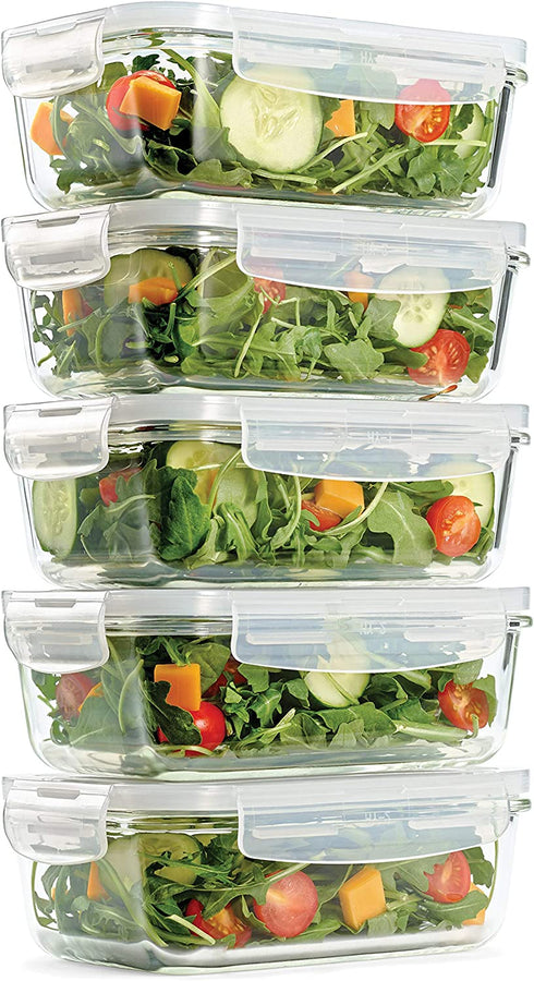Fit & Fresh Glass Containers, Set of 5 Containers with Locking Lids, Meal Prep, 5 Pack, Glass Storage Containers with Airtight Seal, 28 oz.