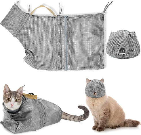 2 Pieces Cat Grooming Washer Mesh Bag Cat Muzzles Breathable Mesh Muzzles Adjustable Kitten Scratch-Resistant Cat Restraint Bag Fixed Bag Cat Bath Bag for Cat Bathing Nail Trimming Feeding (Gray)