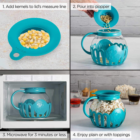 Ecolution Patented Microwave Micro-Pop Popcorn Popper, Borosilicate Glass, 3-in-1 Lid, Dishwasher Safe, BPA Free, 3 Quart Family Size, Teal