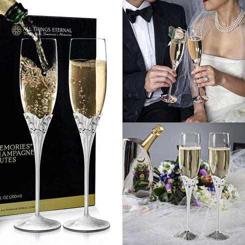 Memories Champagne Flutes, Set of Two Elegant Clear Glass 6.8 fl oz 200ml, silver plated stems, vine leaf design, clear crystals for special celebrations weddings anniversaries birthdays graduations