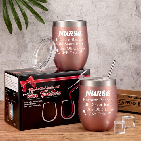 2 Pack Nurse Gift for Women, Appreciation Birthday Nursing Graduation Gift for Registered Nurse, Nurse Practitioner, Nurse Student, Nursing Funny 12 oz Wine Tumbler with Straw and Brush (Rose Gold)
