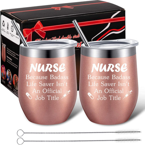 2 Pack Nurse Gift for Women, Appreciation Birthday Nursing Graduation Gift for Registered Nurse, Nurse Practitioner, Nurse Student, Nursing Funny 12 oz Wine Tumbler with Straw and Brush (Rose Gold)
