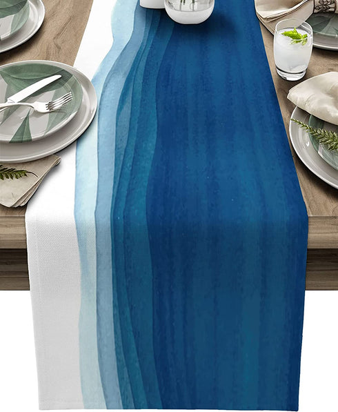 Vandarllin Blue White Table Runner, Non-Slip Dining Table Runners for Kitchen, Ombre Ocean Wave Coffee Table Runners Dresser Scarf for Living Room Garden Wedding Parties (13x90 inches Long)