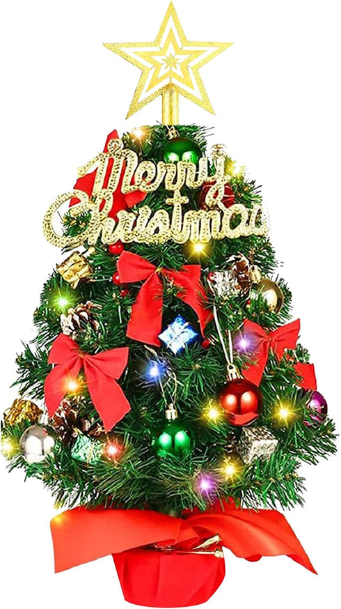 Small Christmas Tree, 2ft Mini Christmas Tree, Artificial Small Desktop Xmas Tree with Lights and Tree Ornaments, for Christmas Thanksgiving Decorations