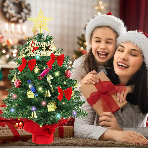 Small Christmas Tree, 2ft Mini Christmas Tree, Artificial Small Desktop Xmas Tree with Lights and Tree Ornaments, for Christmas Thanksgiving Decorations