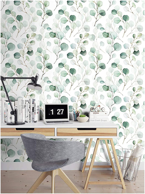 HaokHome 93044 Peel and Stick Wallpaper Green/White Eucalyptus Leaf Wall Mural Home Nursery Decor 17.7in x 9.8ft