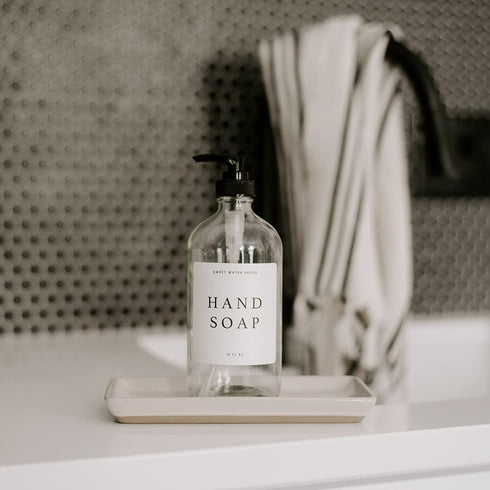 Sweet Water Decor Clear Glass Jar | Refill Dish Soap Dispenser | 16 oz Refillable Bottle with Pump | White Waterproof Label with Black Text| Rustic, Modern, Farmhouse Gift (Dish Soap)