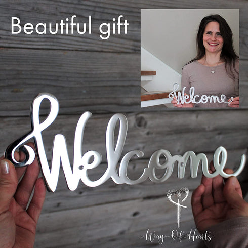 Way Of Hearts - Polished Metal Welcome Sign For Front Door - Silver Wall Decor 13.4 X 4.3" inches - Rustproof Stainless Steel - Welcome home decorations -Farmhouse wall decor