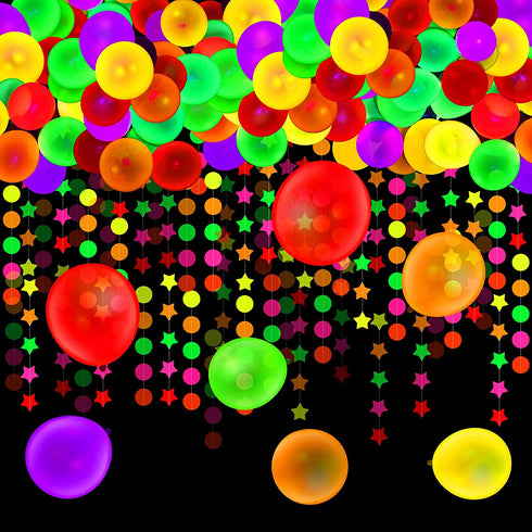 100 Pieces UV Neon Glow Balloons and 53 ft Neon Streamers Paper Glow Party Garland Hanging Decorations for Birthday, Christmas, Wedding, Black Light Party Supplies (Classic Style)
