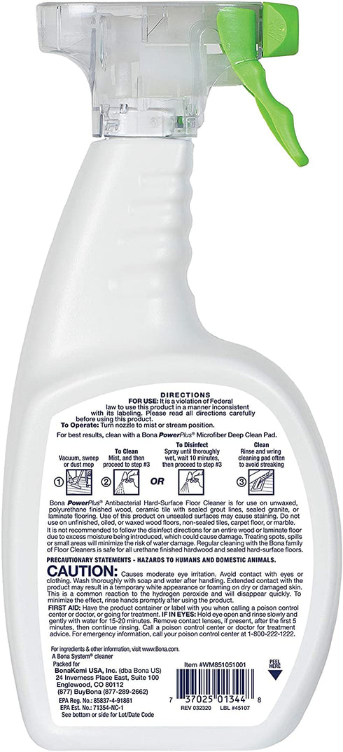 Bona PowerPlus Antibacterial Hard-Surface Floor Cleaner Spray, for Stone Tile Laminate and Vinyl LVT/LVP, 32 Fl Oz