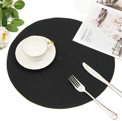 SHACOS Round Braided Placemats Set of 6 Washable Cotton Polyester Woven Round Table Mats 15 inch Heat Resistant (Black, 6)