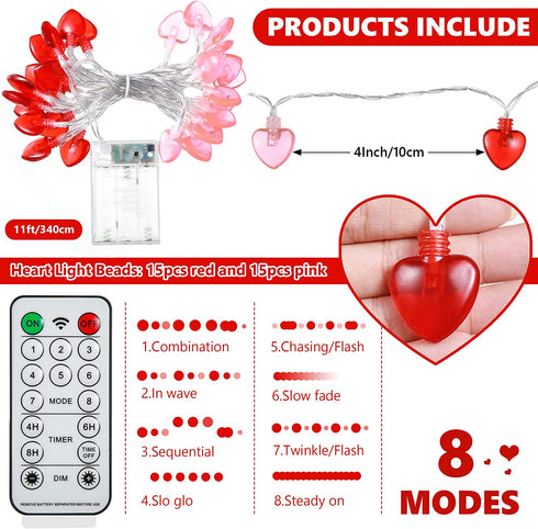 Valentine's Day Heart String Lights, 11ft 8Modes 30LED Red and Pink String Light Battery Operated with Remote, Timing Function Valentines Decoration Light String for Bedroom Wedding Anniversary Party