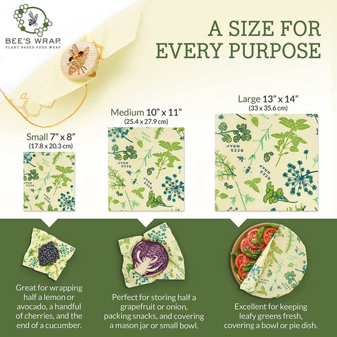 Bee's Wrap - Vegan 3 Pack - Made in USA with Certified Organic Cotton - Plastic and Silicone Free - Reusable Plant-Based Food Wraps - 3 Pieces (S, M, L)