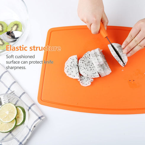 Liflicon Thick Silicone Cutting Board 12.6'' x 9.1'' Juice Grooves Easy Grip Handle Dishwasher Safe-Orange