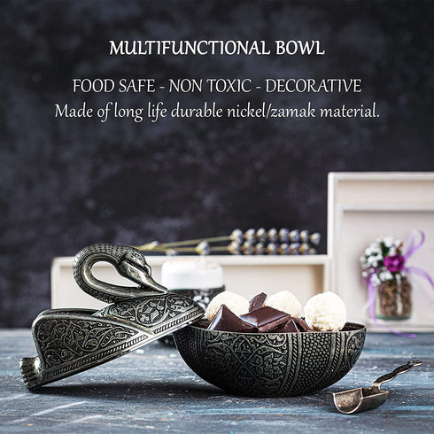 Antique Candy Serving Bowl with Lid, Authentic Fancy Sugar Bowl, Ottoman Style Metal Swan Turkish Delight Serving Dish, Silver Decorative Centerpieces Dish (Antique Silver)