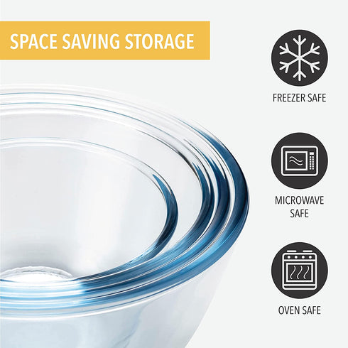 Mixing Bowls with Lids, Glass Mixing Bowl Set with BPA Free Lids, Space Saving Nesting Bowls, Food Storage Containers, 6 Piece Set Glass Bowls with Lids