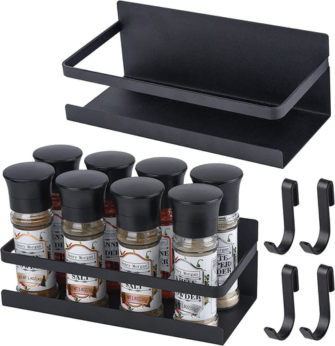 Wetheny Fridge Magnet Organizer Magnetic Spice Rack with Four Removable Hook Refrigerator Shelf Rack Black (2 Pack)