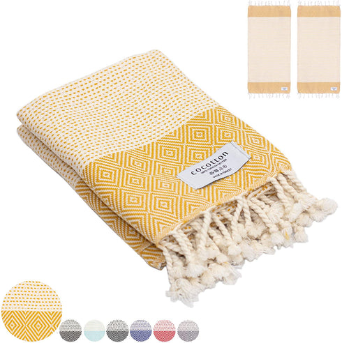 COCOTTON Boho Diamond Turkish Hand Towels Set of 2 | 100% Cotton 16 x 40 Inches | Decorative Bathroom Hand Hair Face Gym Yoga Dishcloth Tea Kitchen Light Weight Quick Dry Farmhouse Towel (Mustard)