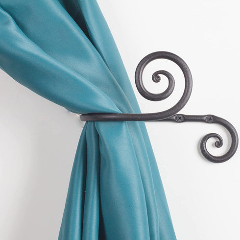 RTZEN Decorative Large Curtain Holdbacks - Set of 2 - Wrought Iron Window Drapery Tiebacks - Handmade Rod Drape Tieback Black Hooks - Rot Metal Drapes Hangers - Unique Hand Craft D©cor