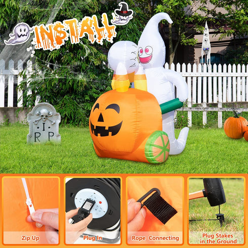 Rocinha Halloween Inflatables Ghost Pushing Pumpkin Cart 5 Ft Halloween Blow Up Decorations with Built-in LED Lights Halloween Lawn Decorations for Outdoor Party Yard Garden