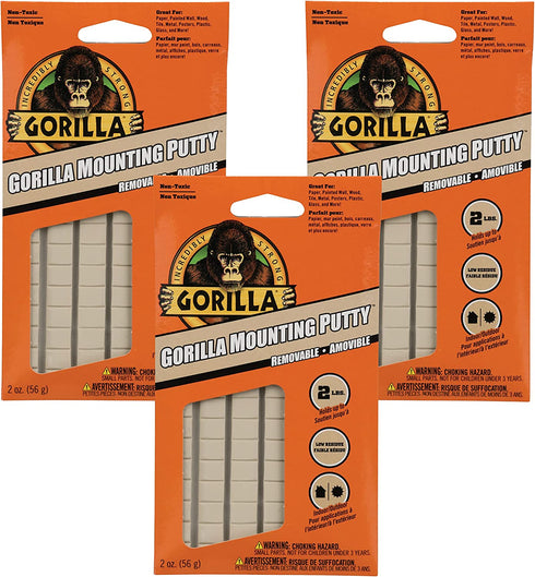 Gorilla Removable Mounting Putty, 84 Pre-cut Squares, Off White (Pack of 3)