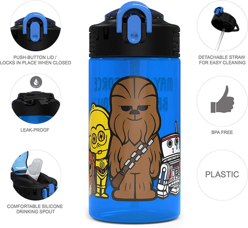 Zak Designs PP Park Straw Kids Durable Plastic Spout Cover and Built-in Carrying Loop, Leak-Proof Water Design for Travel, (16oz, 2pc Set), Darth Vader Bottle 2pk