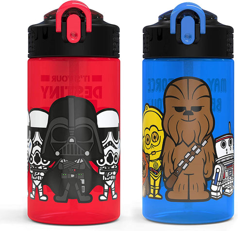 Zak Designs PP Park Straw Kids Durable Plastic Spout Cover and Built-in Carrying Loop, Leak-Proof Water Design for Travel, (16oz, 2pc Set), Darth Vader Bottle 2pk