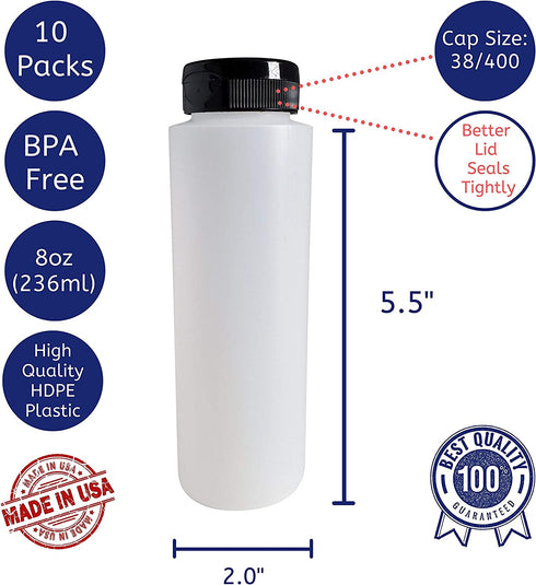 kelkaa 8oz HDPE Plastic Squeeze Bottles with Wide Mouth Opening, Black Flip Top Caps for Condiments and Any Thick Liquid Products, Multi Purpose Refillable Empty Bottles (Pack of 10)