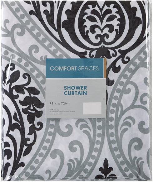 Comfort Spaces Coco Bathroom Shower Curtain Printed Damask Pattern Modern Cute Microfiber Fabric Bath Curtains, 72"x72", Black (CS70-0682)