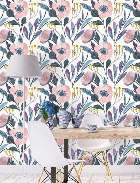 HaokHome 93019 Floral Peel and Stick Wallpaper Removable Pink/Blue/Yellow Vinyl Self Adhesive Shelf Liner 17.7in x 9.8ft