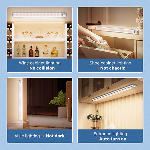 LED Closet Lights, 160-LED Under Cabinet Lighting 39cm Motion Sensor Light Indoor with 3 Colors Stick-On Night Light with Large Battery for Cabinet, Stairs, Kitchen, Hallway(3 Modes, 3600mAh, 300lm)