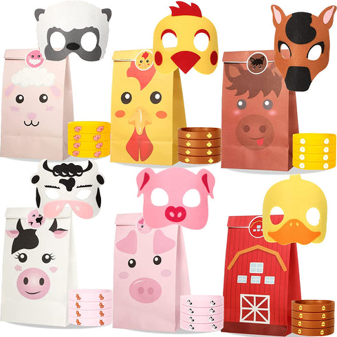42 Pieces Farm Animal Bags and Sticker Farm Animal Masks Farm Animal Wristbands Bracelets Goodie supplies for Birthday Themed Party