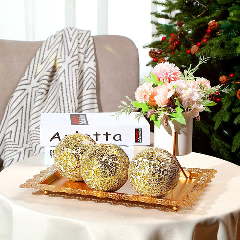3 Pieces Decorative Balls for Centerpiece Bowls Decorative Orbs Set 4 Inch Glass Mosaic Sphere Balls Centerpiece Balls for Bowls Vases Dining Table Decor (Gold)