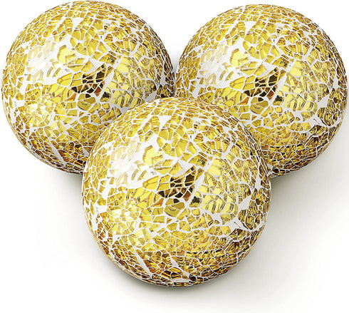 3 Pieces Decorative Balls for Centerpiece Bowls Decorative Orbs Set 4 Inch Glass Mosaic Sphere Balls Centerpiece Balls for Bowls Vases Dining Table Decor (Gold)